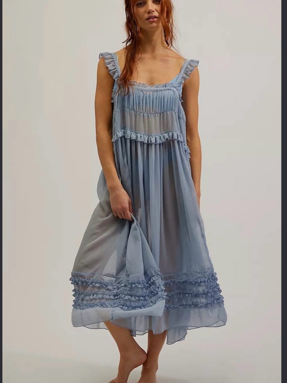 Free People Dusty Blue Ruffled Chiffon Midi Dress